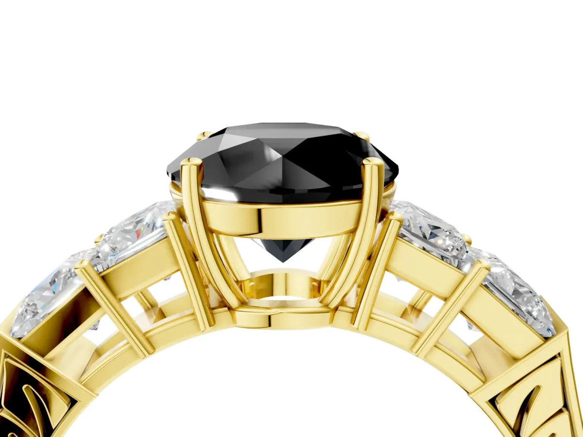 Fancy Black Round Cut Solitaire Princess Side Stone Engraved Band Prong Setting Ring Yellow gold
