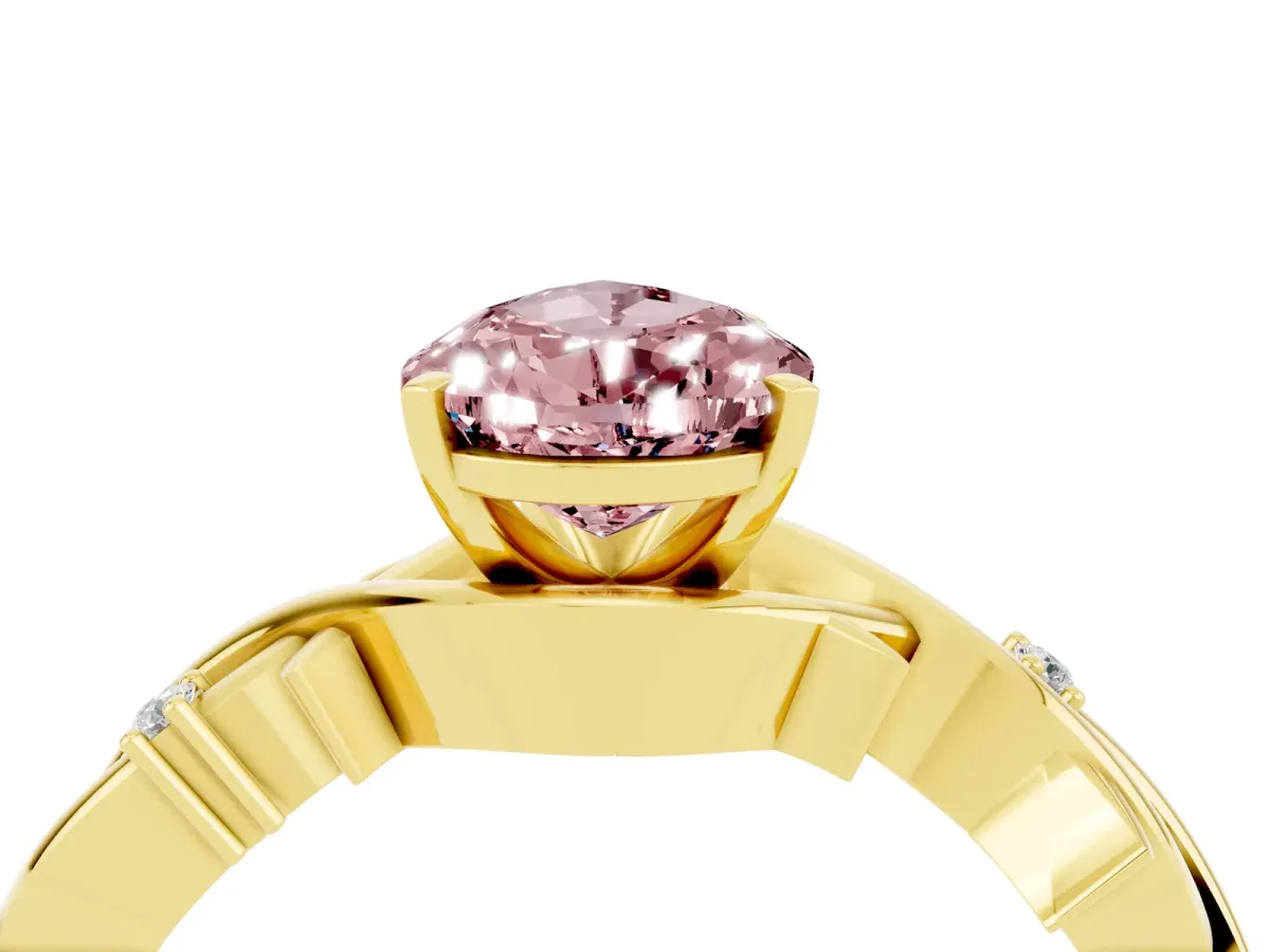Pear Cut Morganite Solitaire Ring with Twisted Band and Prong Setting Yellow gold