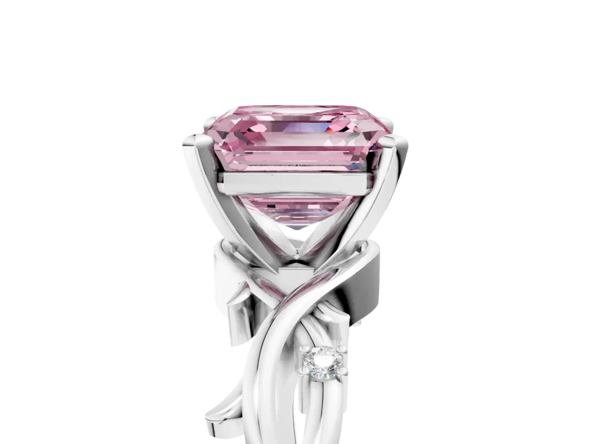 Fancy Pink Asscher Cut Diamond Solitaire Ring with Twisted Band and Prong Setting Silver
