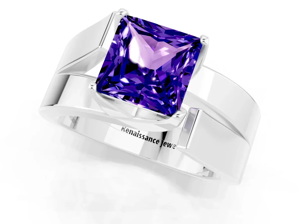 Modern Tension Set Princess Cut Tanzanite Solitaire Wide Band Ring Silver