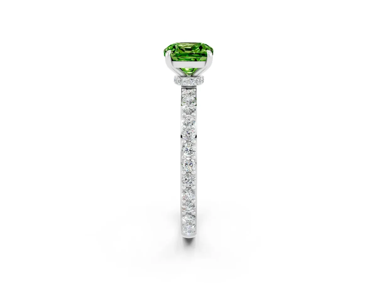 Cushion Cut Peridot Solitaire Engagement Ring with Pavé Band and Four-Prong Setting Silver