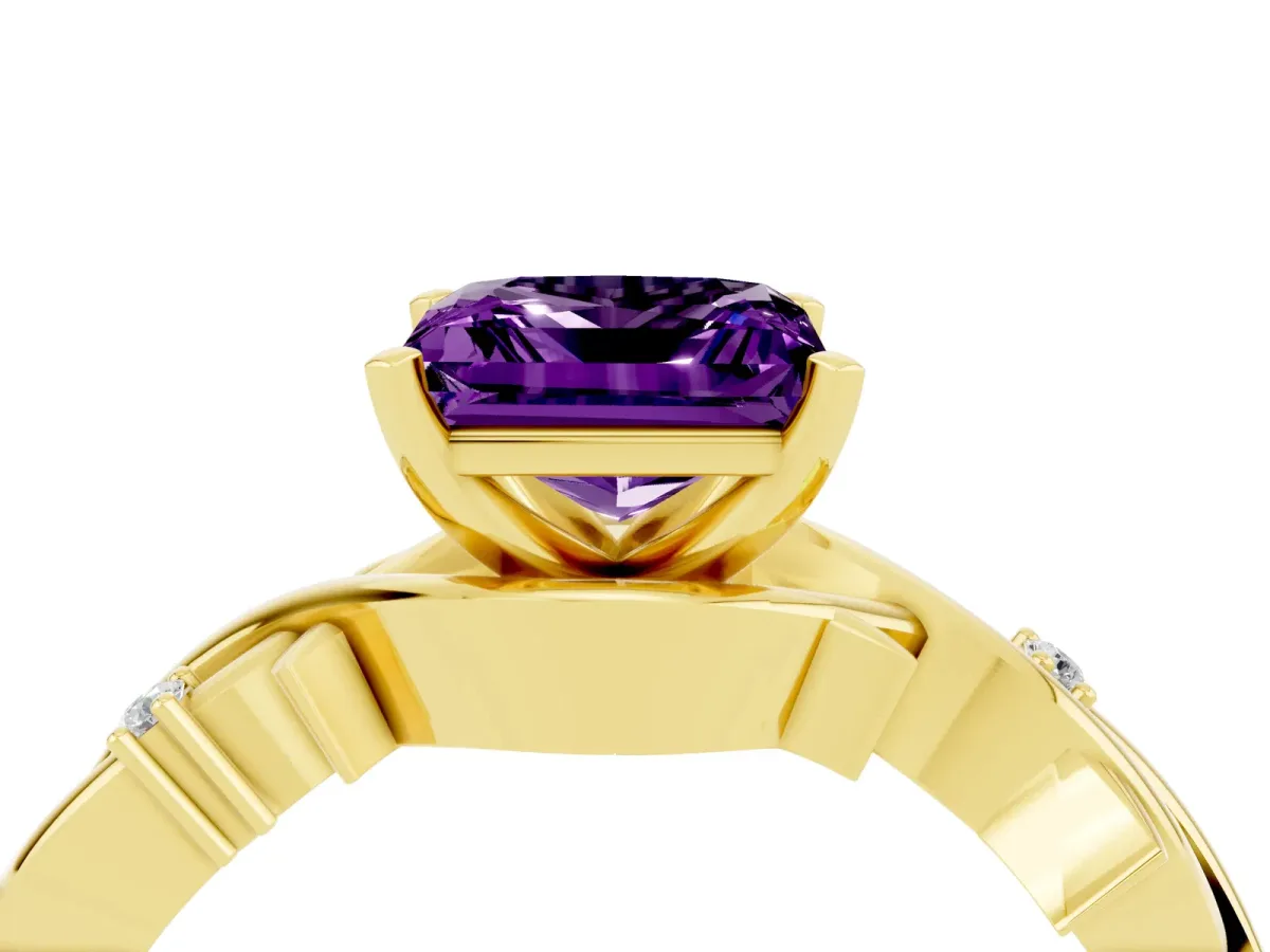 Princess Cut Amethyst Solitaire Ring with Twisted Band and Prong Setting Yellow gold