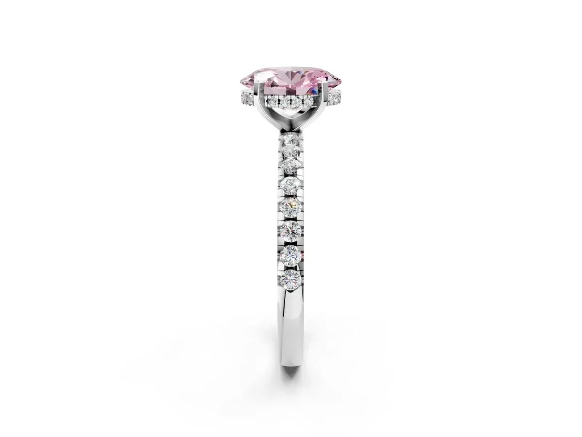 Fancy Pink Oval Cut Diamond Solitaire Ring with Round Pavé Band and Four-Prong Setting Silver