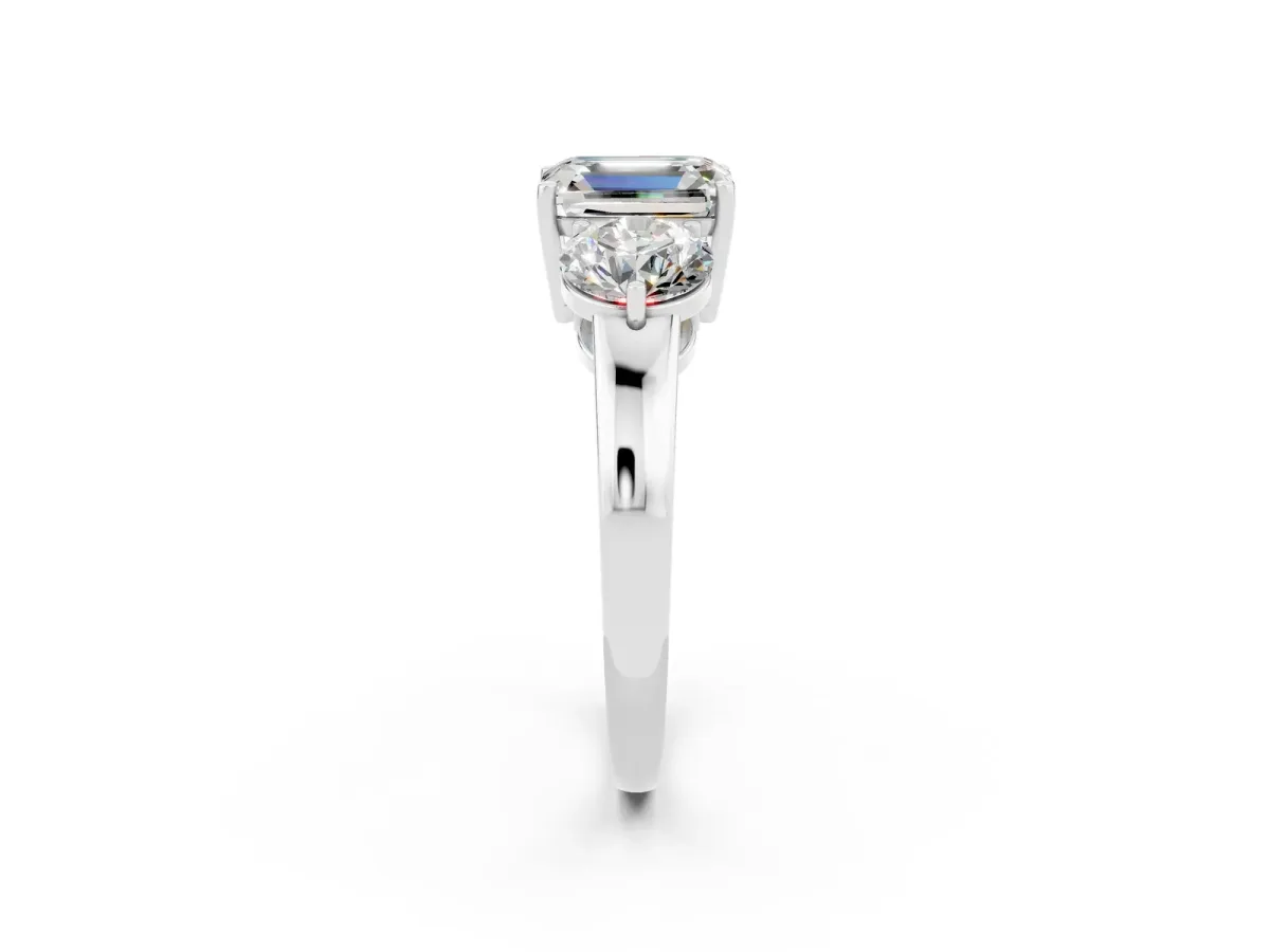 Emerald Cut Moissanite Three-Stone Ring with Prong Setting and Classic Band White gold