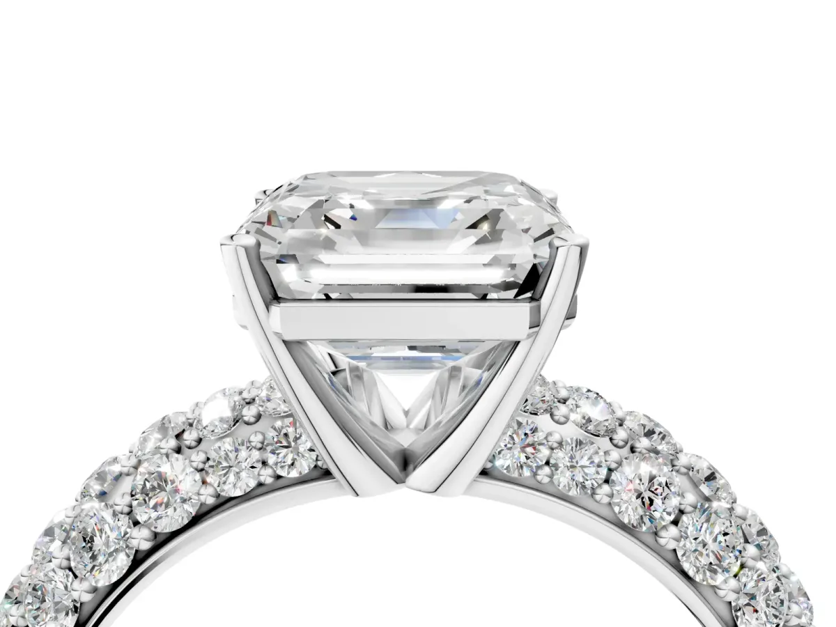 Asscher Cut Diamond Pavé Band Solitaire Ring with Four-Prong Setting Platinum