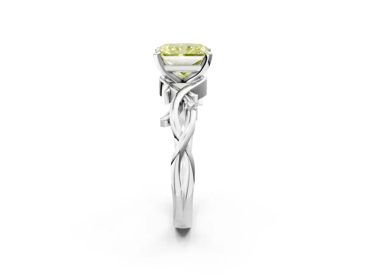 Fancy Yellow Radiant Cut Diamond Solitaire Ring with Twisted Band and Prong Setting Silver