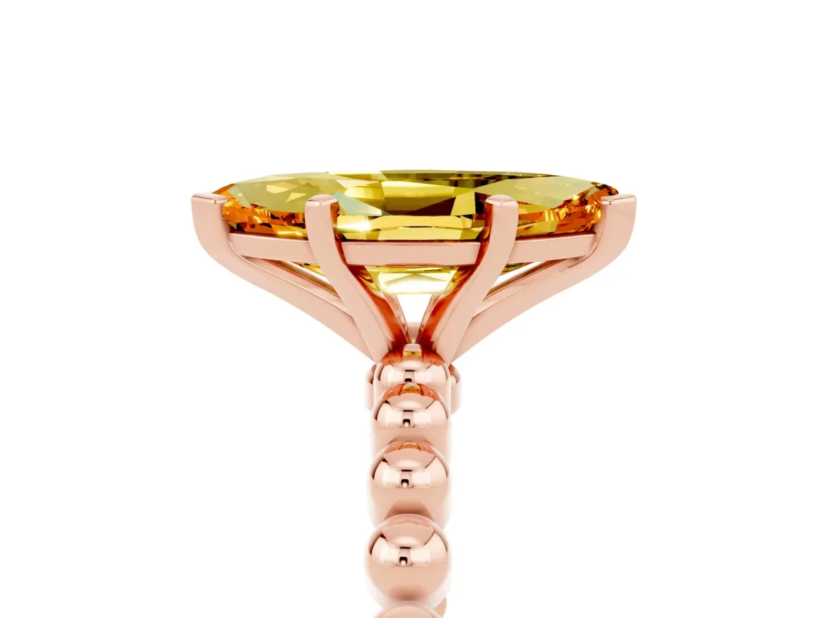 Marquise Cut Citrine Solitaire Ring with Beaded Band and Prong Setting Rose gold