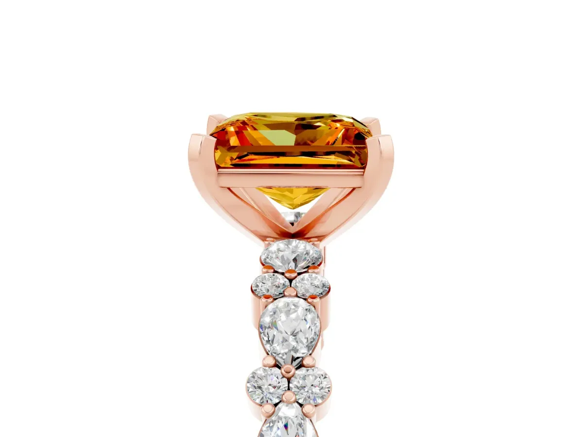 Princess Cut Citrine Side Stone Solitaire Ring with Round and Four-Prong Setting Rose gold