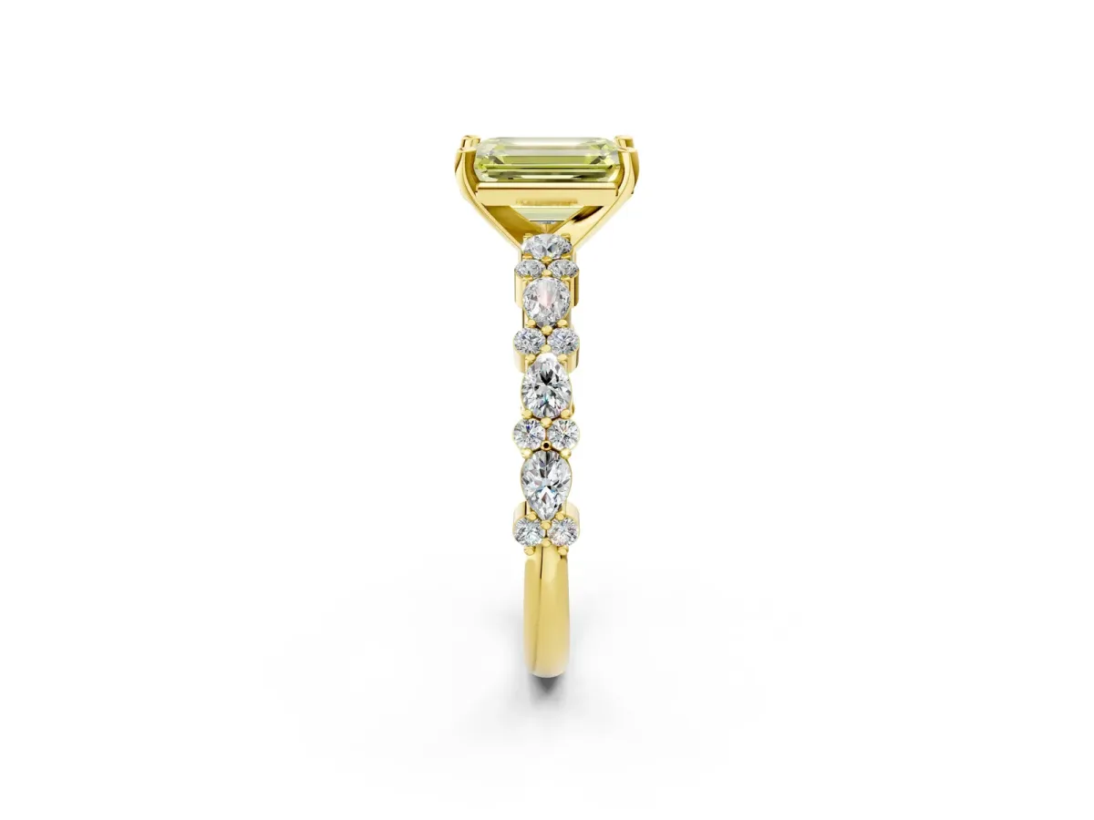 Fancy Yellow Emerald Cut Diamond Side Stone Solitaire Ring with Round and Four-Prong Setting Yellow gold