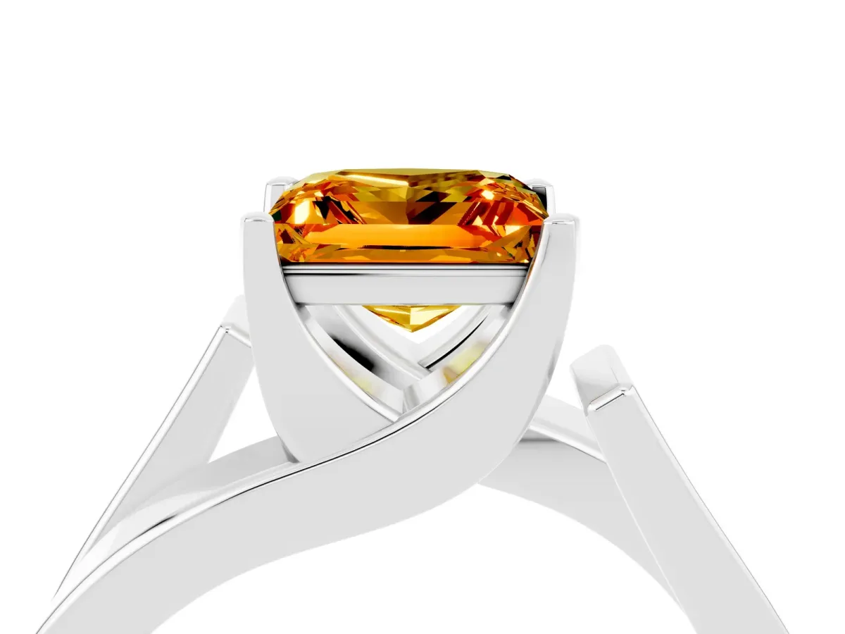 Modern Tension Set Princess Cut Citrine Solitaire Wide Band Ring Silver