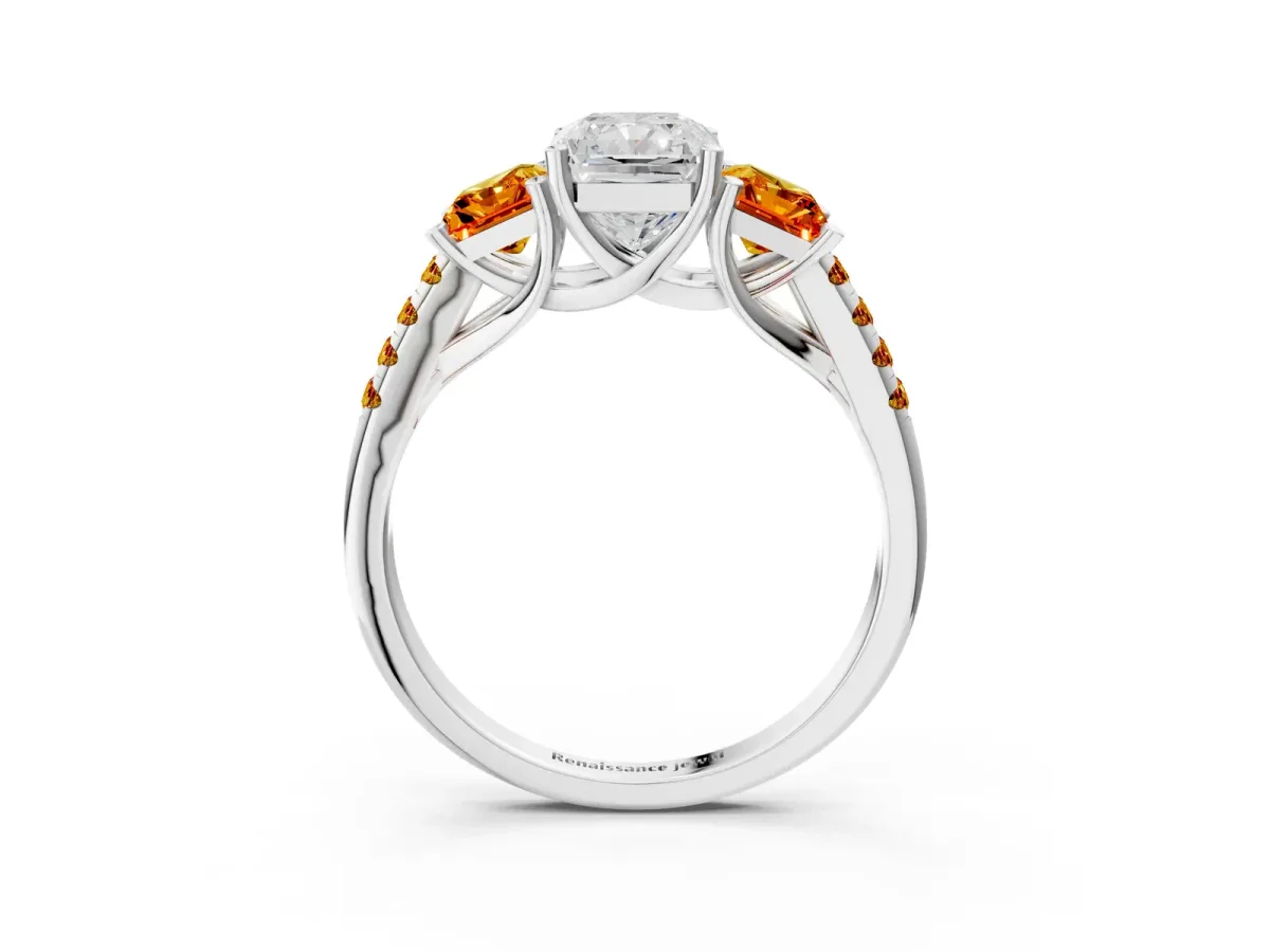 Three-Stone Radiant Cut Diamond Ring with Round Citrine Pavé Band and Prong Setting Silver
