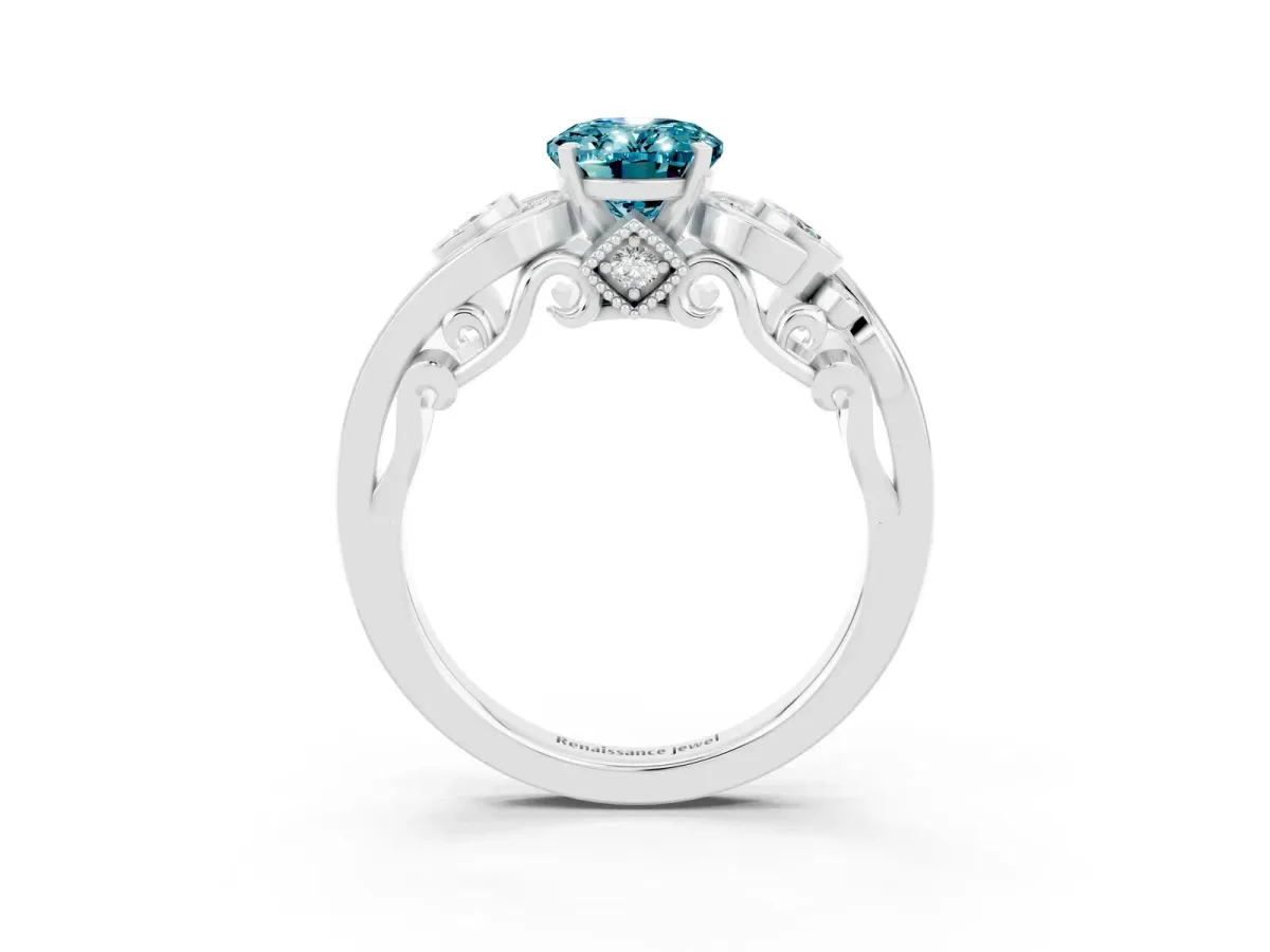 Oval Cut Blue Topaz Solitaire Ring with Milgrain Pavé Band and Four-Prong Setting Silver