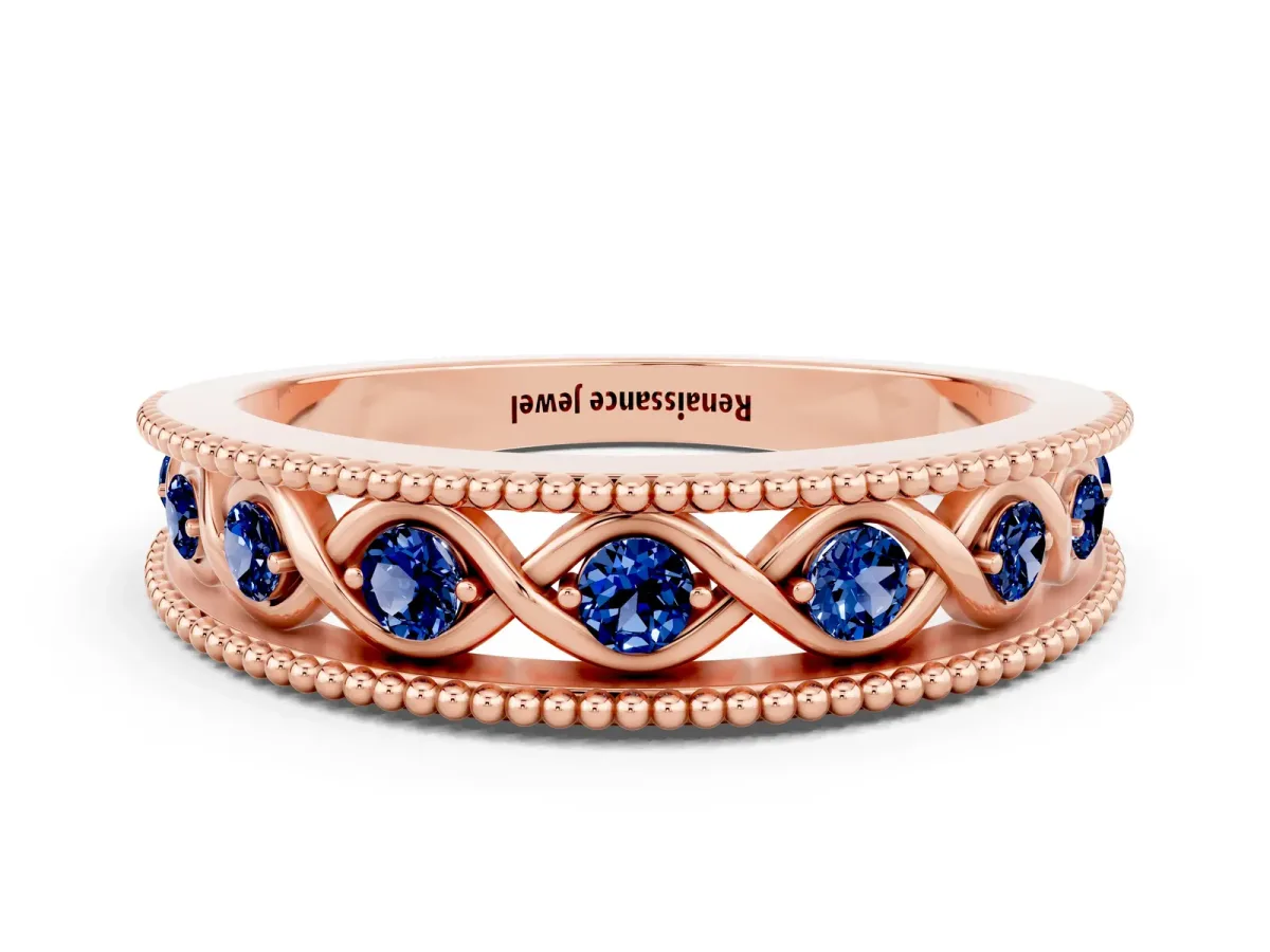 Round Blue Sapphire Twist Milgrain Band with Bezel Setting Rose gold