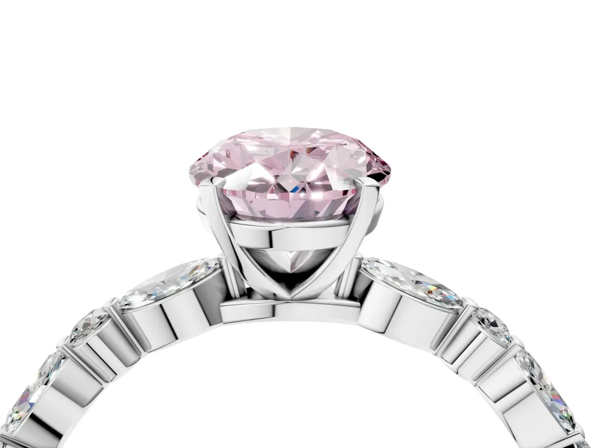 Fancy Pink Oval Cut Diamond Ring with Marquise and Round Side Stones and Four-Prong Setting Silver
