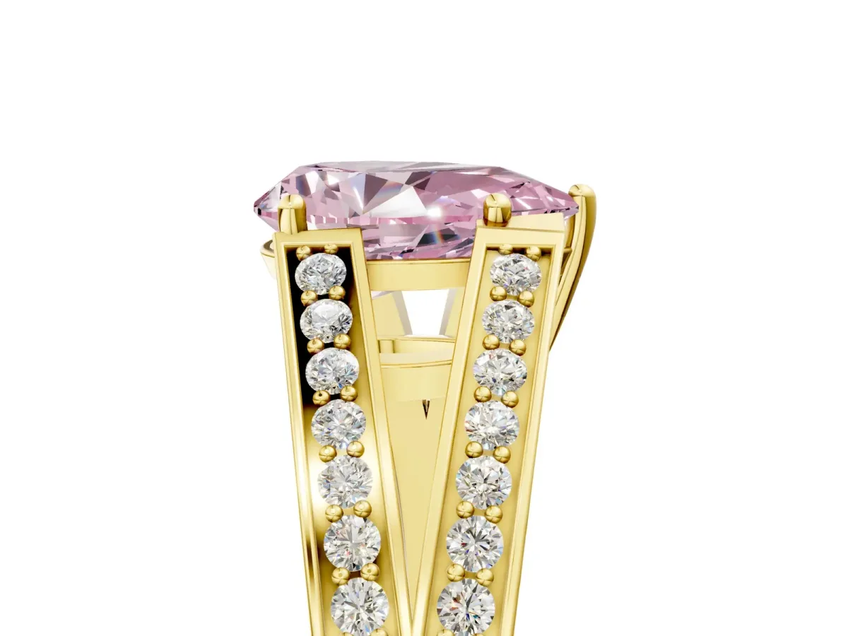 Fancy Pink Pear Cut Diamond Split Shank Ring with Pavé Band and Four-Prong Setting Yellow gold
