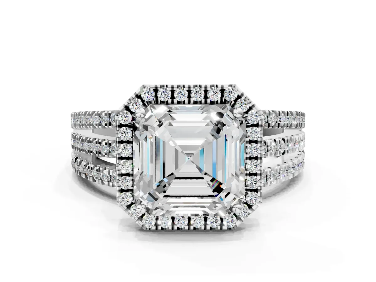 Asscher Cut Diamond Halo Engagement Ring with Split Shank and Four-Prong Setting Platinum