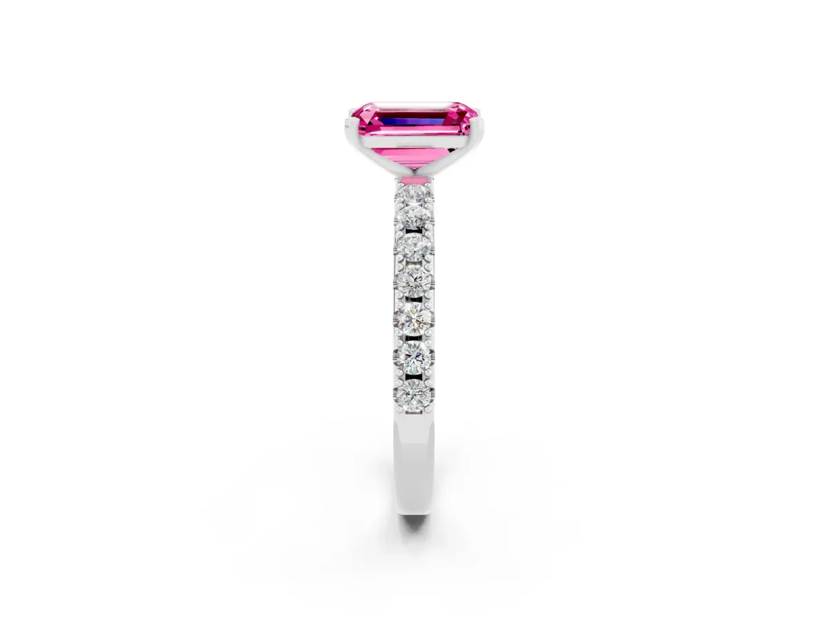 Emerald Cut Pink Sapphire Solitaire Pavé Band with Four-Prong Setting Platinum