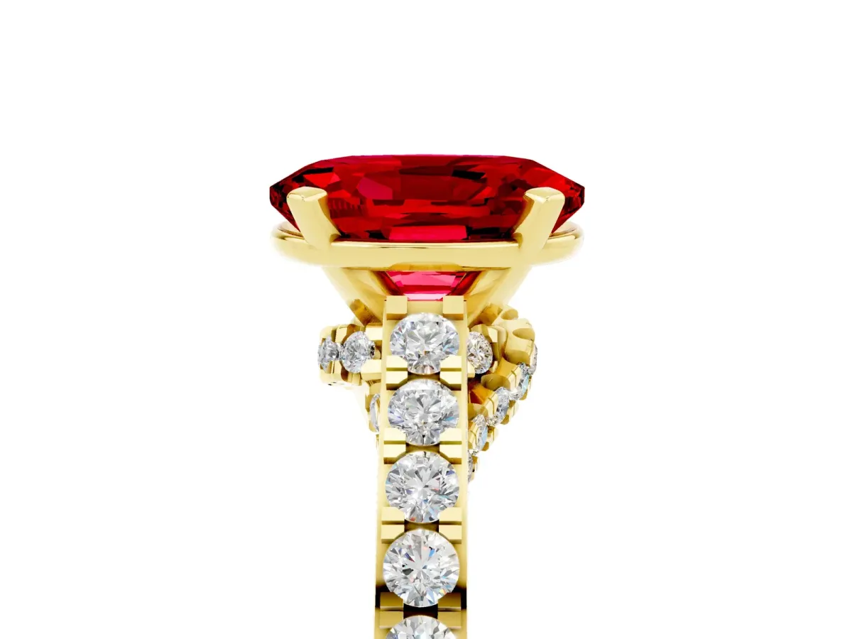 Oval Cut Ruby Solitaire Ring with Crossover Gallery and Round Pavé Band Yellow gold