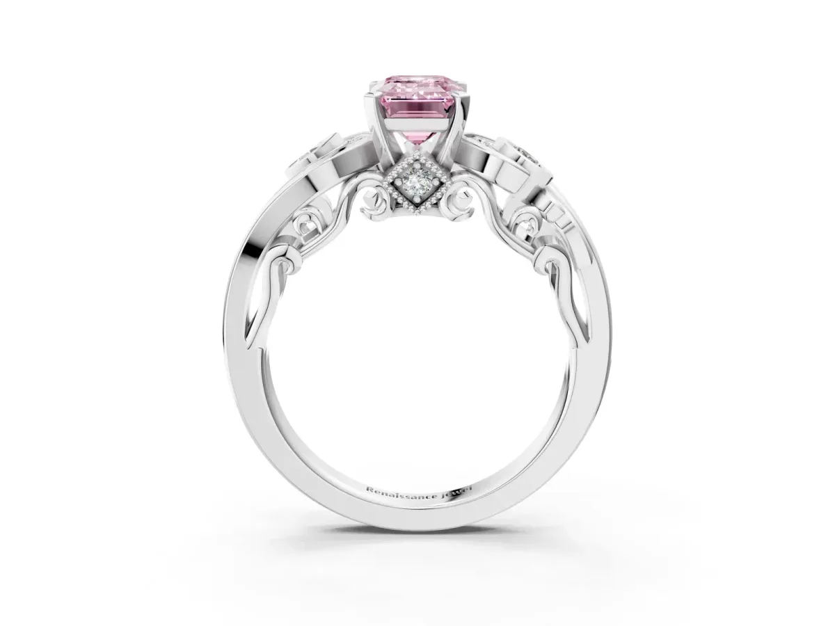 Fancy Pink Emerald Cut Diamond Solitaire Ring with Milgrain Pavé Band and Four-Prong Setting Silver