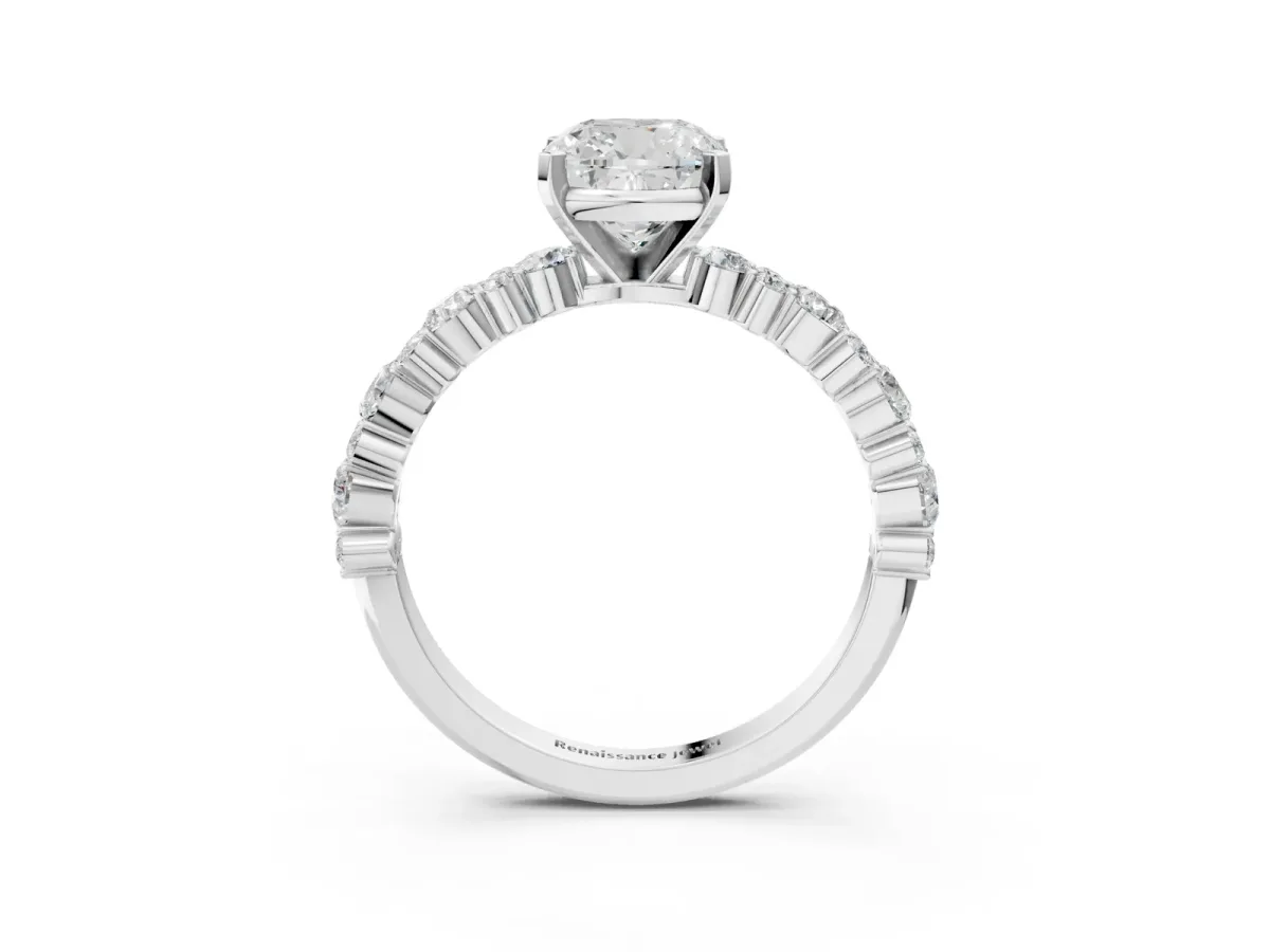 Cushion Cut Diamond Side Stone Solitaire Ring with Round Moissanite and Four-Prong Setting Platinum