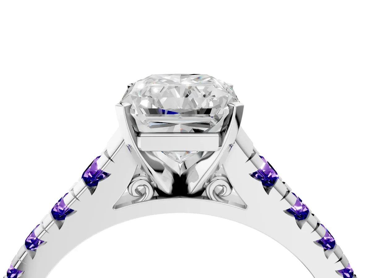 Radiant Cut Diamond Cathedral Solitaire Ring with Round Tanzanite Pavé Band Silver
