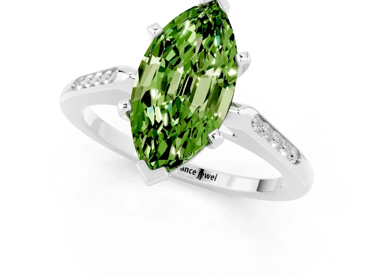 Marquise Cut Peridot Solitaire Ring with Channel Set Round Band and Prong Setting Silver