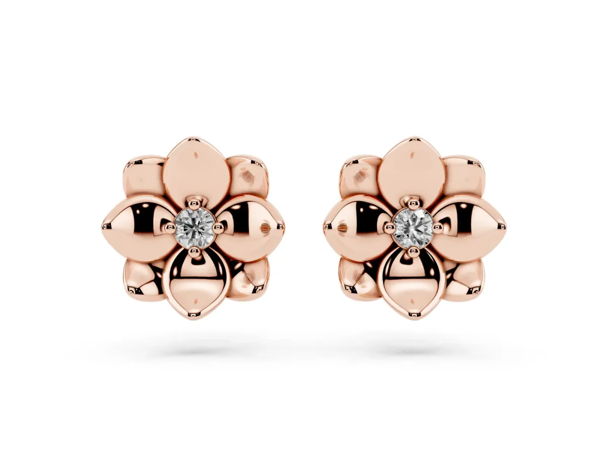 Round Diamond Magnolia Floral Stud Earrings Rose gold