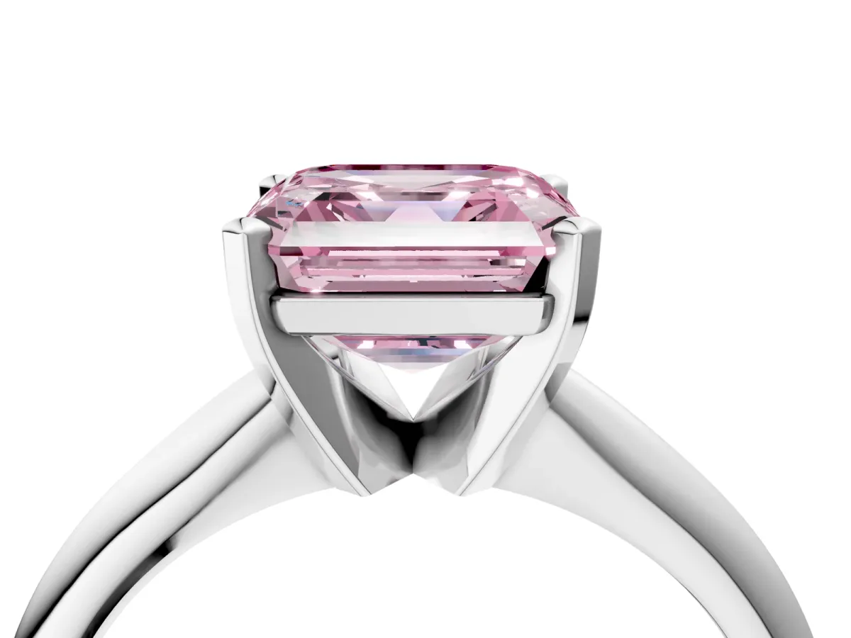 Fancy Pink Asscher Cut Cut Solitaire Ring with Four-Prong Setting on a Classic Band Platinum