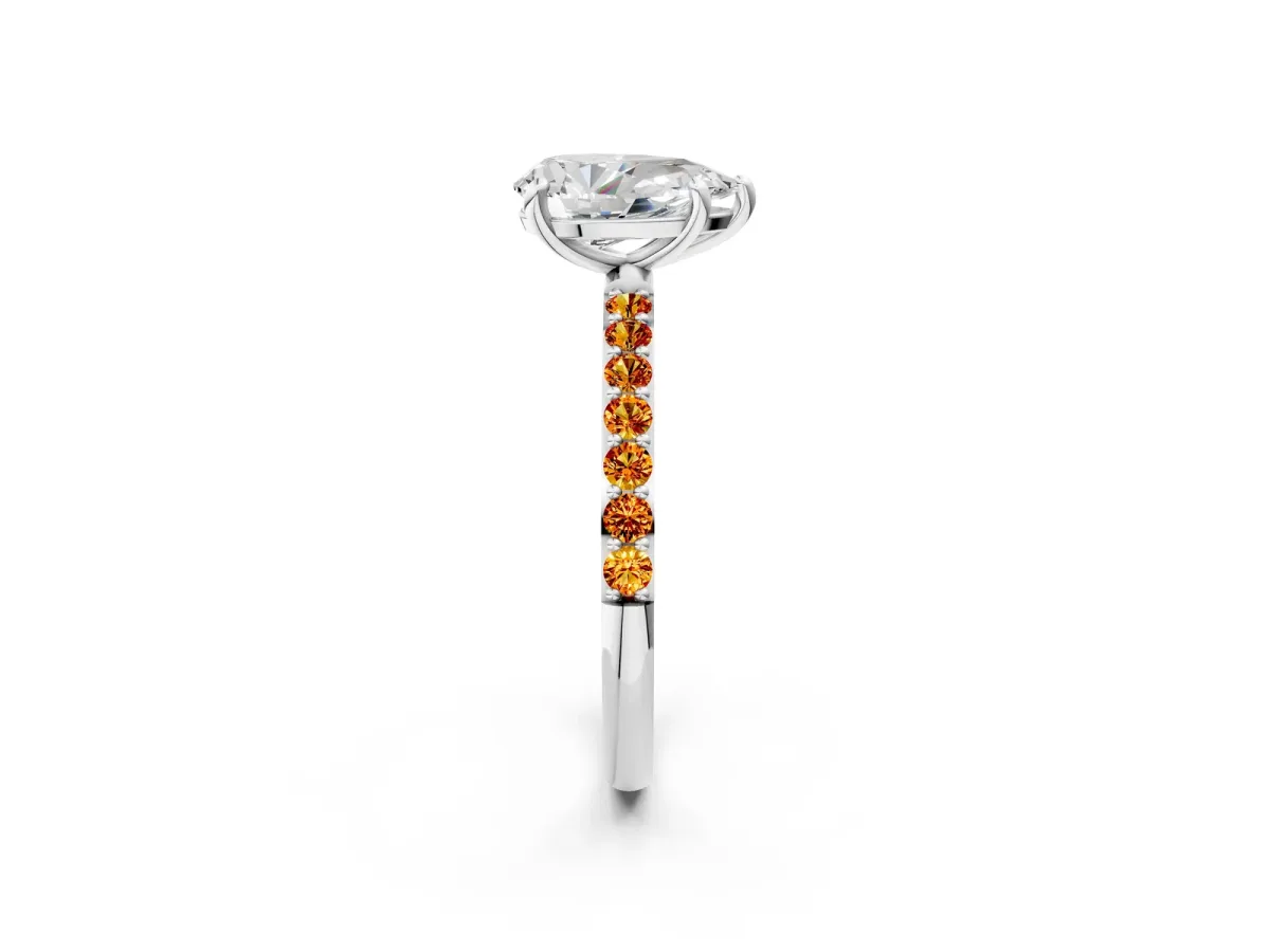 Pear Cut Diamond Solitaire Ring with Round Citrine Pavé Band and Prong Setting Silver