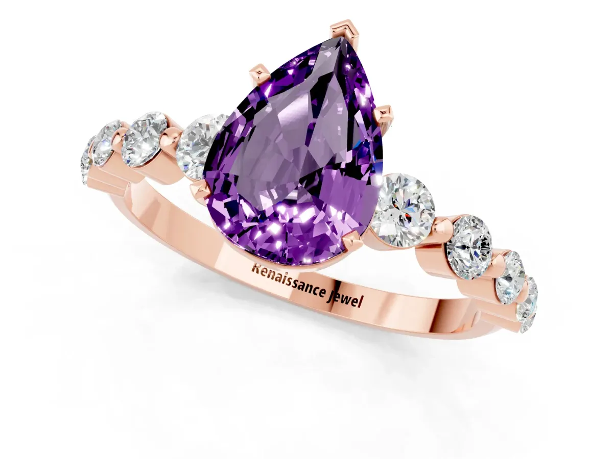 Pear Cut Solitaire Amethyst Ring with Pave Band and Four-Prong Setting Rose gold