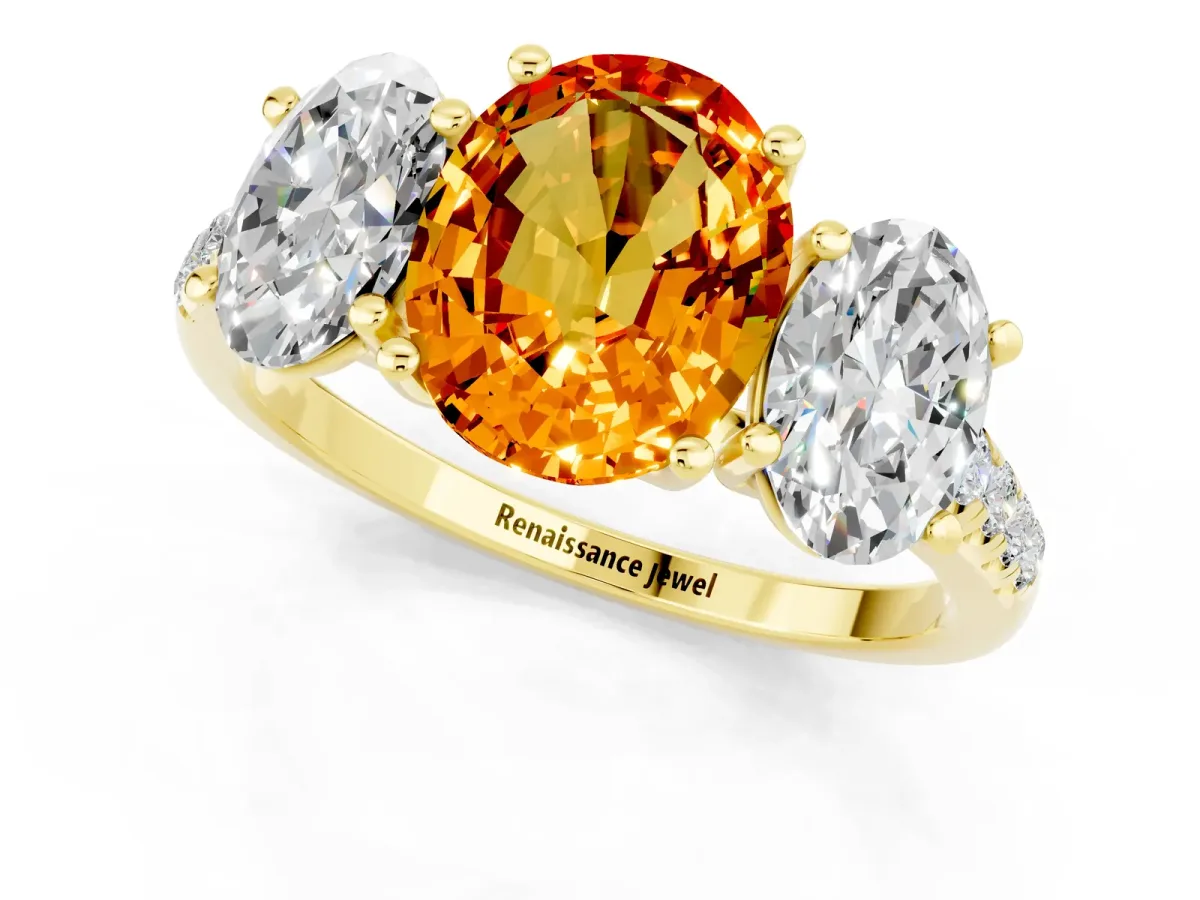 Three-Stone Oval Cut Citrine Ring with Round Pavé Band and Prong Setting Yellow gold