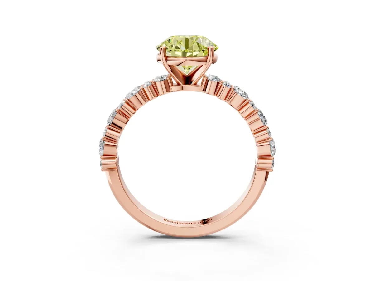 Fancy Yellow Round Cut Diamond Side Stone Solitaire Ring with Round and Four-Prong Setting Rose gold