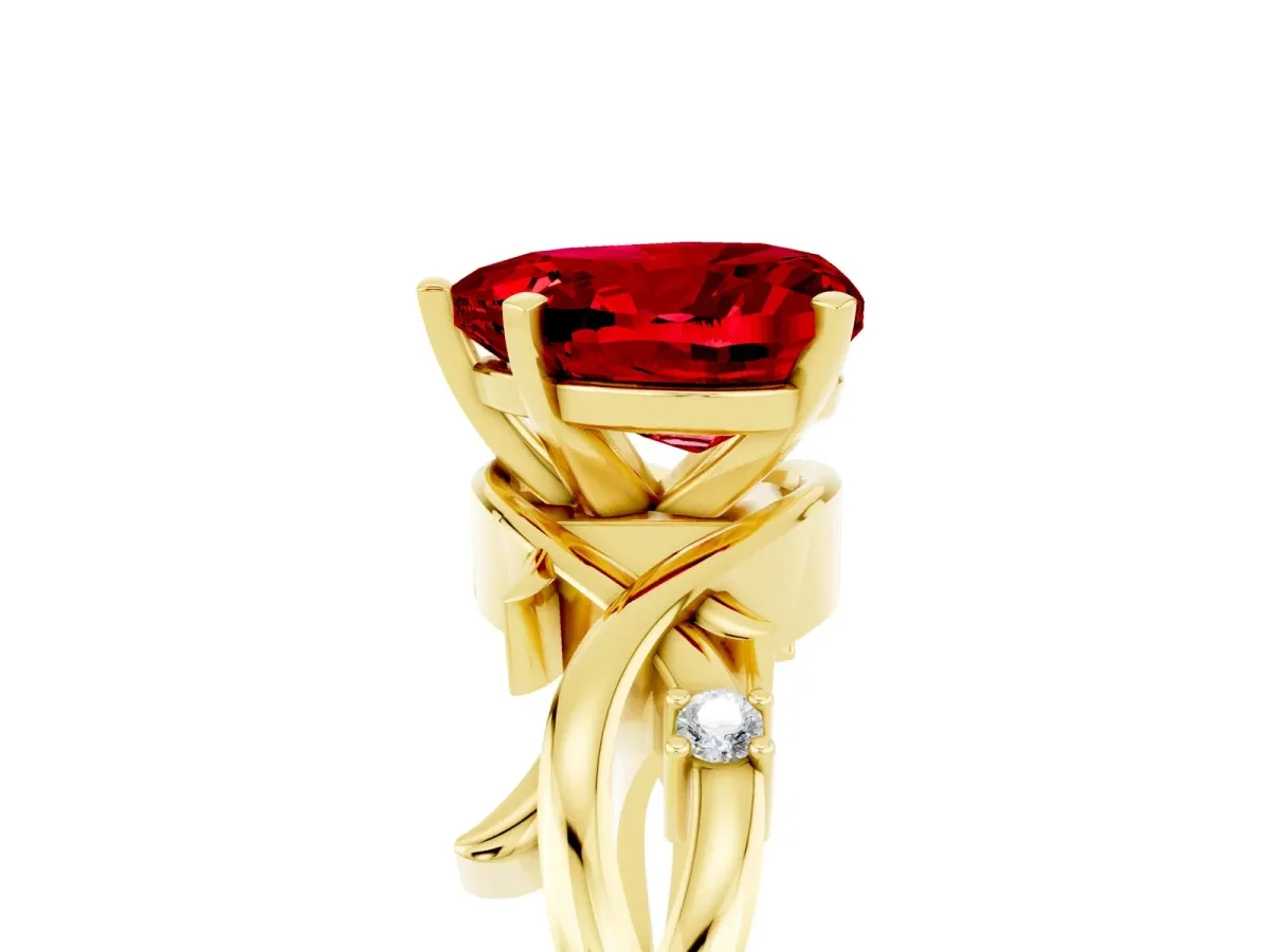 Heart Cut Ruby Solitaire Ring with Twisted Band and Prong Setting Yellow gold