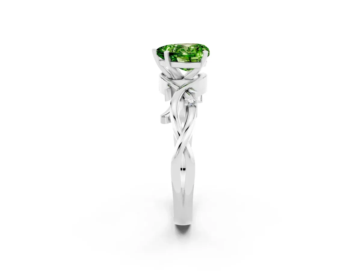 Heart Cut Peridot Solitaire Ring with Twisted Band and Prong Setting Platinum