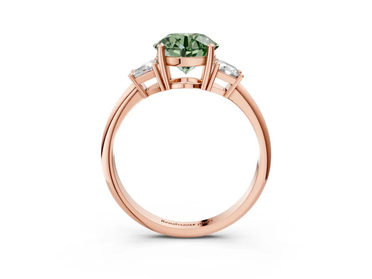 Fancy Green Round Cut Diamond Three-Stone Ring with Trapezoid Side Stones and Prong Setting Rose gold