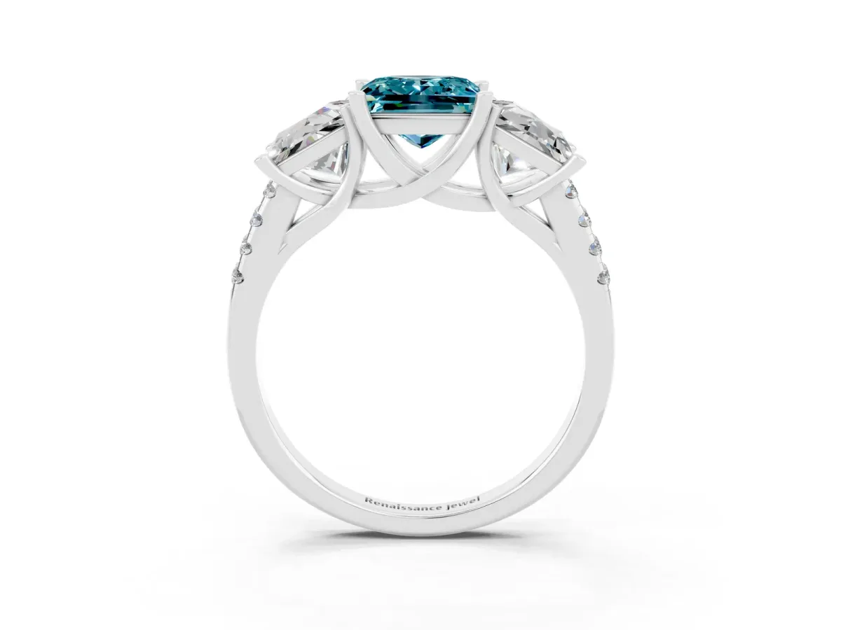 Three-Stone Princess Cut Blue Topaz Ring with Round Pavé Band and Prong Setting Silver