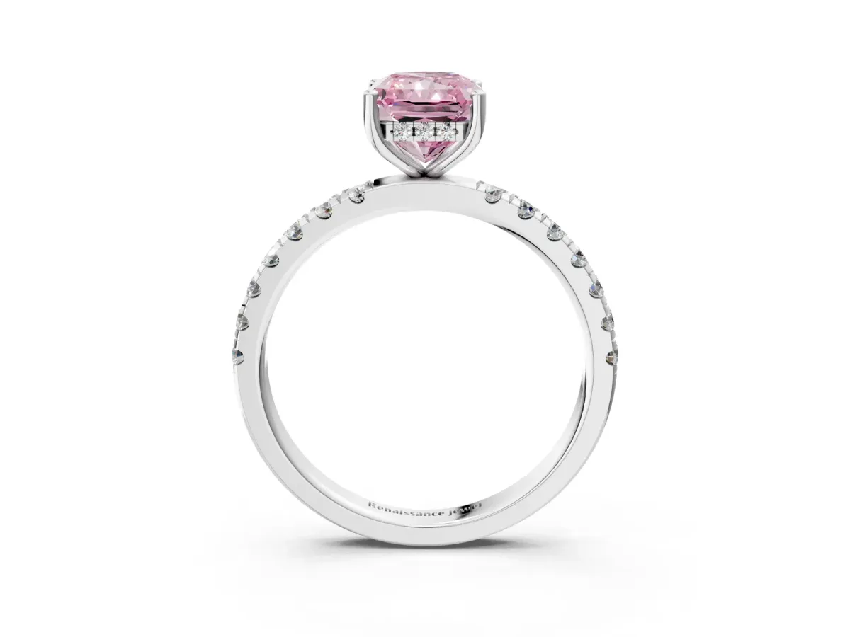 Fancy Pink Radiant Cut Diamond Pave Band Solitaire Ring with Round and Prong Setting Silver