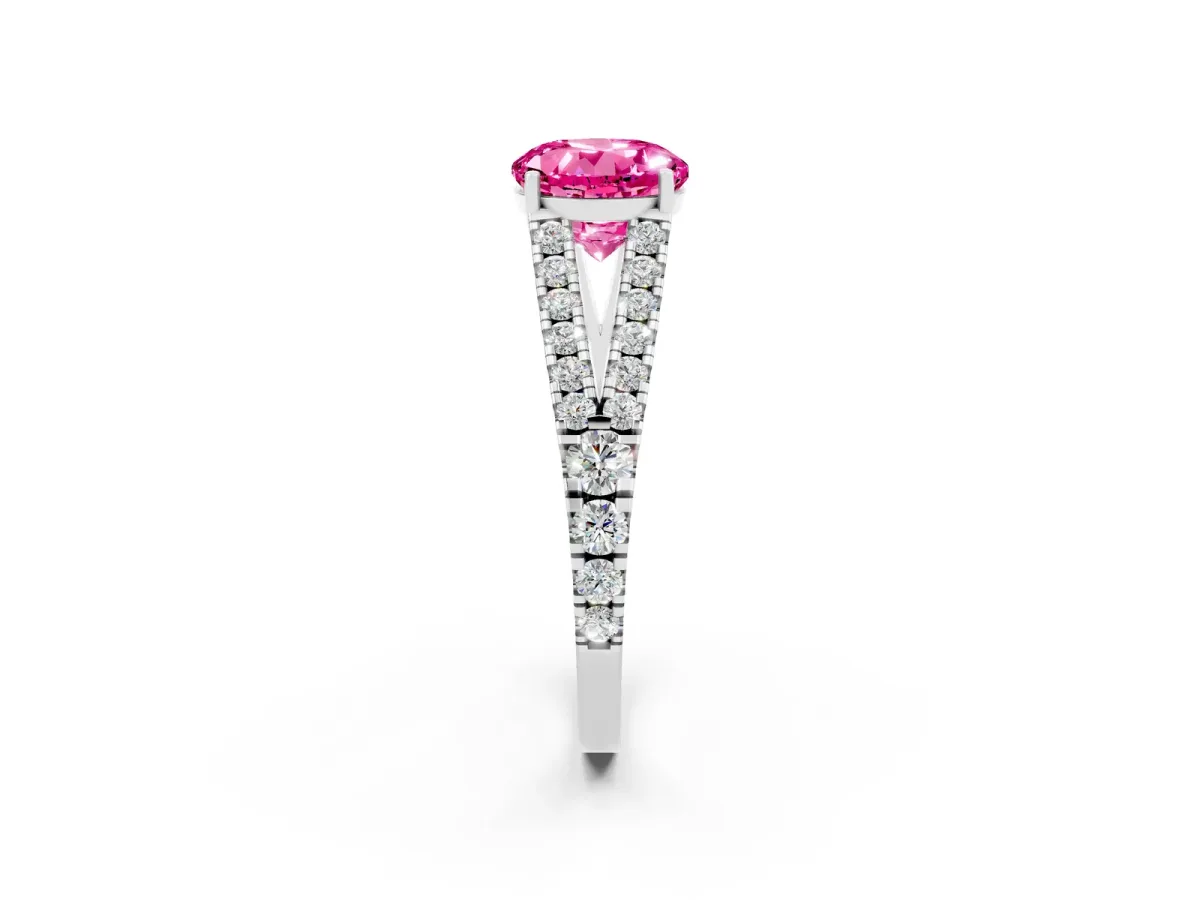 Round Cut Pink Sapphire Split Shank Engagement Ring with Round Pavé and Prong Setting Platinum