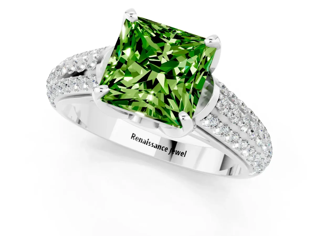Princess Cut Peridot Solitaire Ring with Three-Row Pavé Band and Four-Prong Setting Platinum