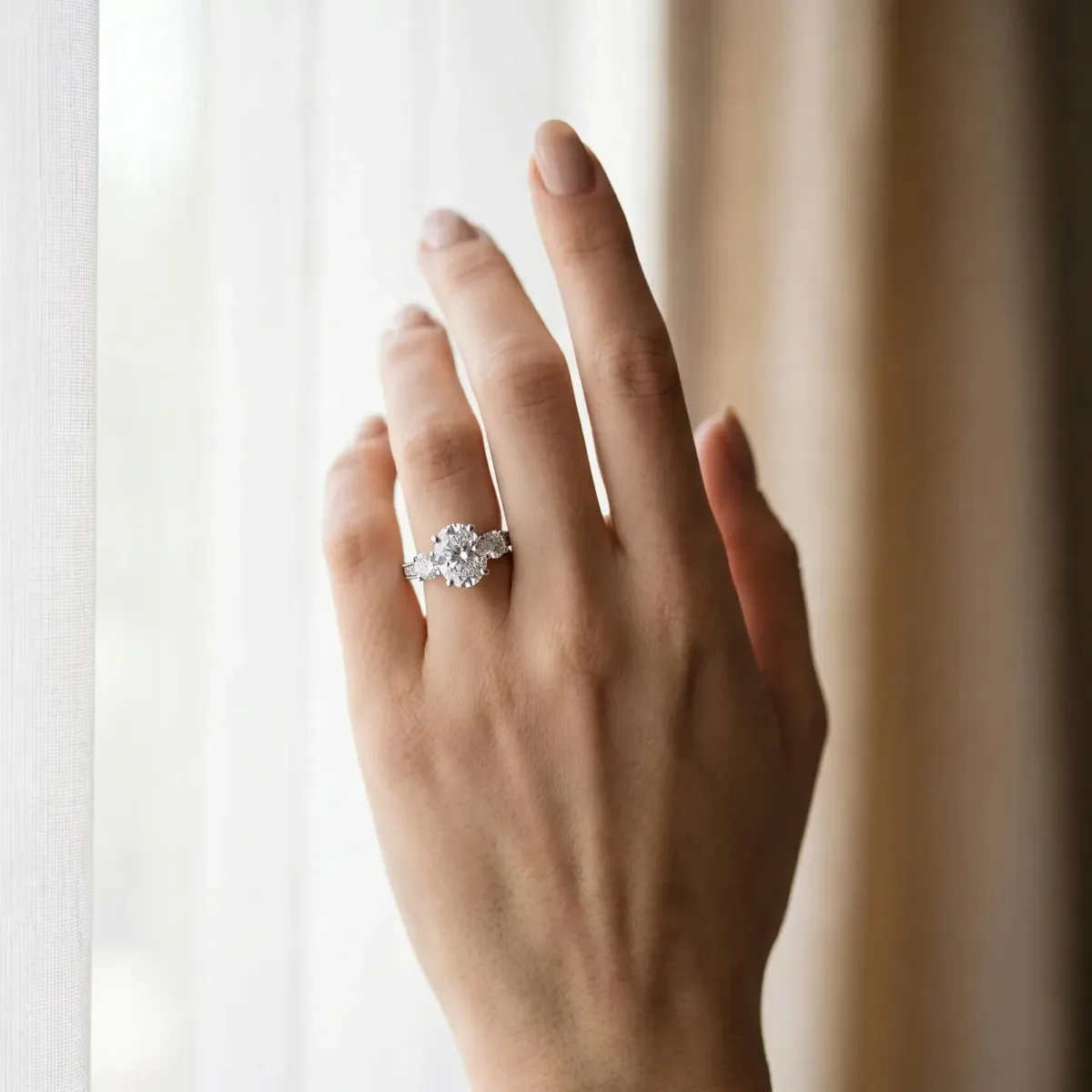 Asscher Cut Three-Stone Diamond Ring with Pavé Band and Four-Prong Setting Platinum