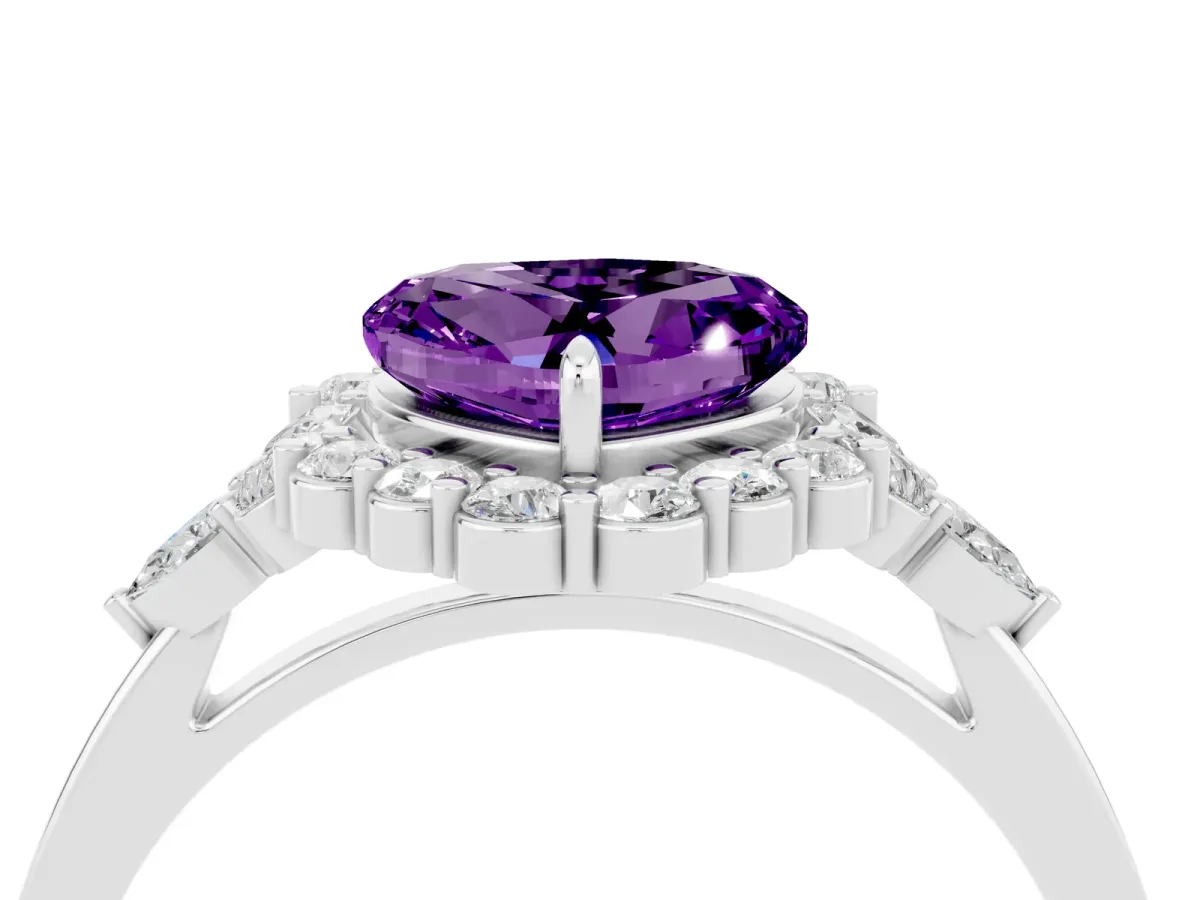 Heart Cut Amethyst Halo Ring with Pear Side Stones and Prong Setting Silver