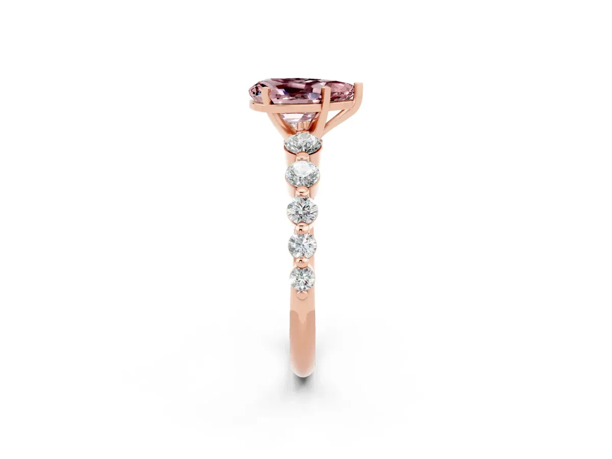 Pear Cut Solitaire Morganite Ring with Pave Band and Four-Prong Setting Rose gold