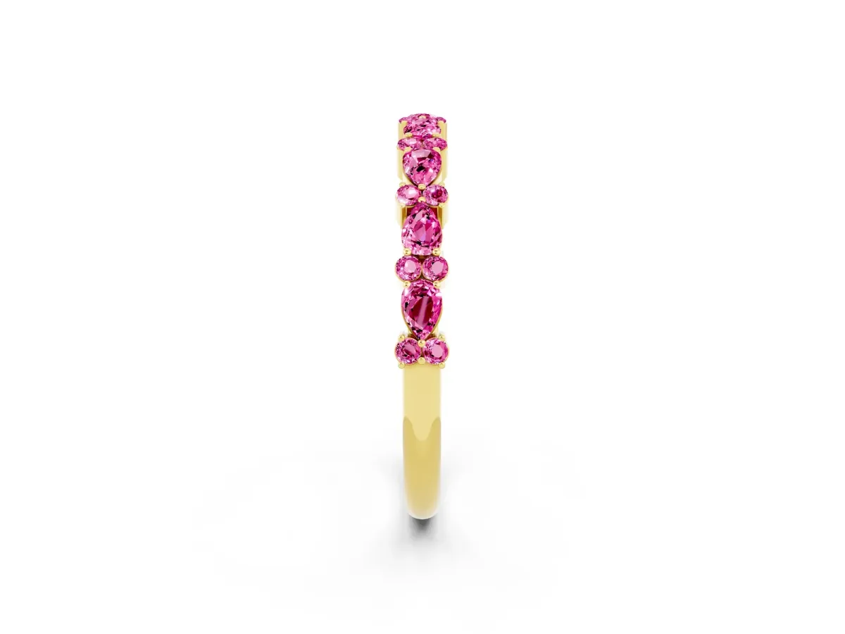 Pear and Round Pink Sapphire Wedding Band Yellow gold