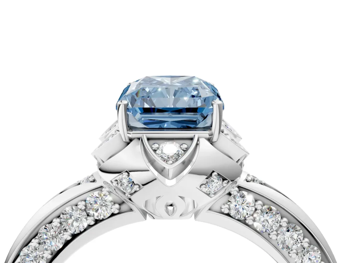 Fancy Blue Radiant Cut Halo Split Shank Pave Diamond Ring with Petal Prong Setting Platinum