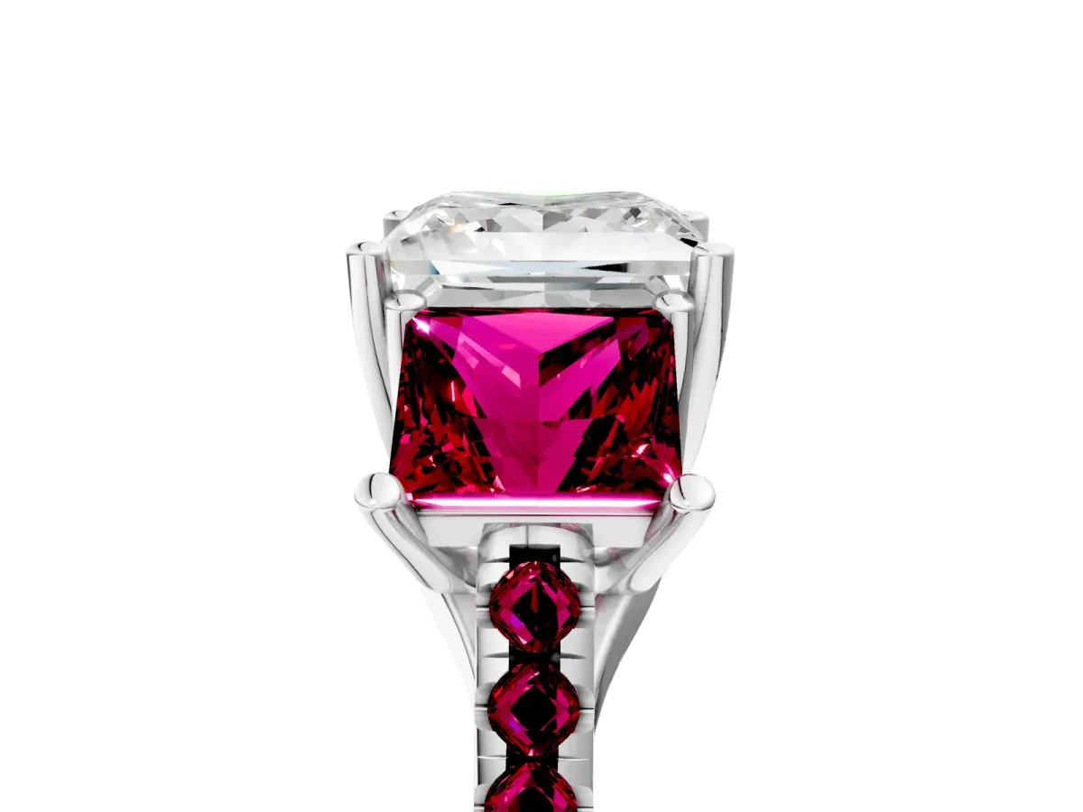 Three-Stone Princess Cut Diamond Ring with Round Garnet Pavé Band and Prong Setting Silver