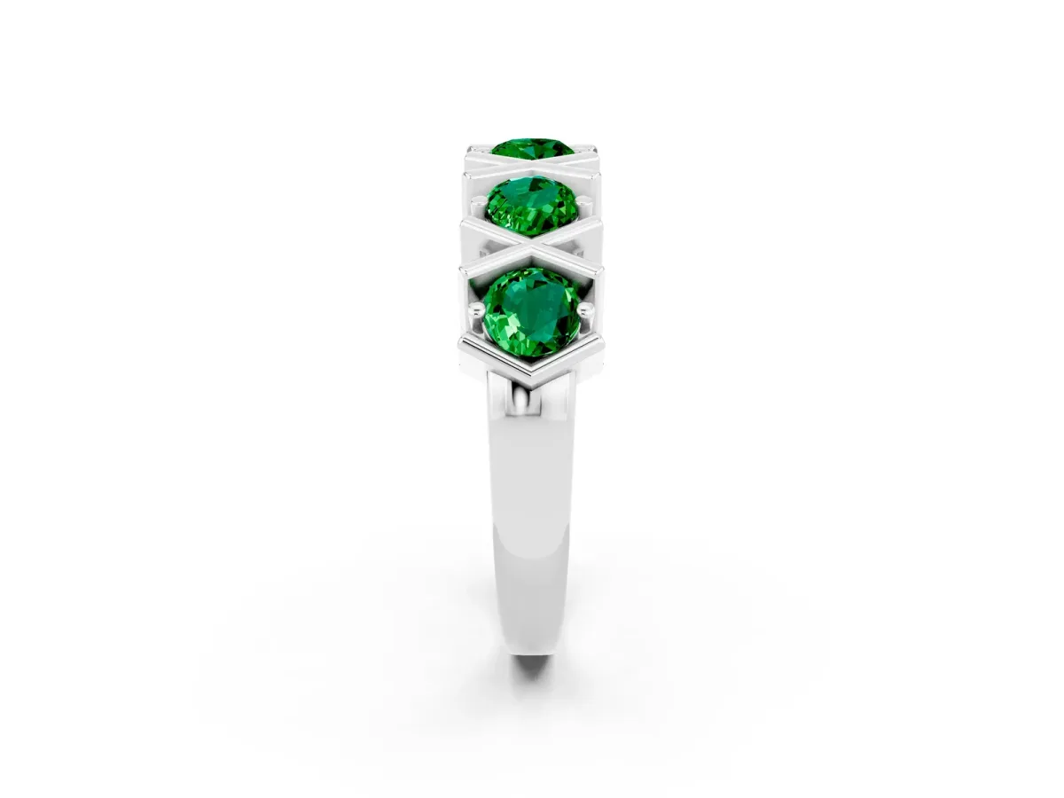 Round Emerald Channel Set Band with X-Prong Detail Silver