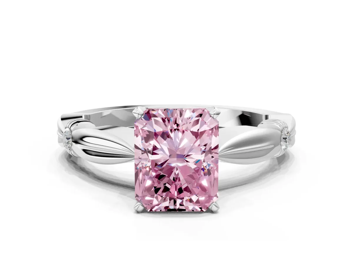 Fancy Pink Radiant Cut Solitaire Diamond Twisted Band with Four-Prong Setting Platinum