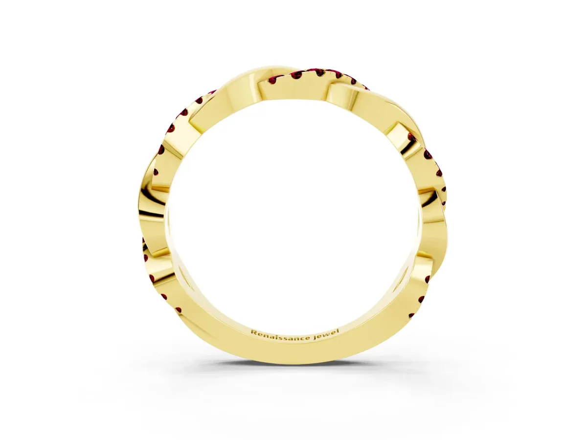 Pavé Round Garnet Twist Eternity Band with Shared Prong Setting Yellow gold