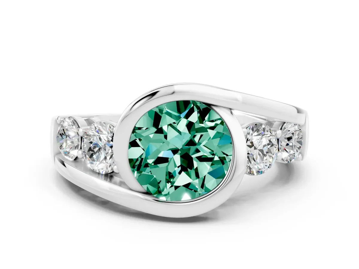 Bezel Set Round Cut Green Sapphire Bypass Ring with Round Accents Silver