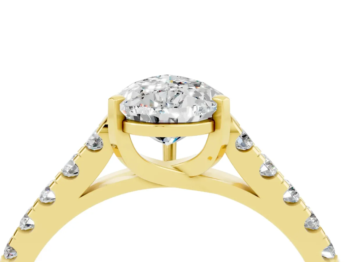 Pear Cut Moissanite Pavé Band Solitaire Ring with Prong Setting Yellow gold